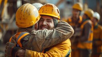 Construction Workers Embrace After Successful Project Completion photo