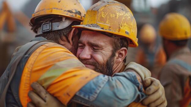 Construction Workers Embrace After Completing a Difficult Project photo