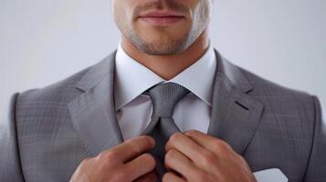 Man Adjusting Grey Suit Tie Before Important Event photo