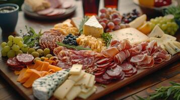 Gourmet Cheese And Charcuterie Board With Grapes And Rosemary photo