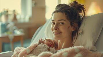 A New Mother Smiles at Her Newborn in a Hospital Room photo
