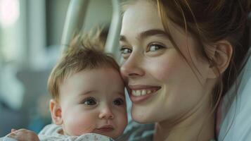 Young Woman Holding Baby Close While Smiling Indoors photo
