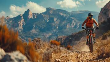 Mountain Biker Descending a Trail Through a Mountain Pass photo