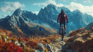 Mountain Biker Descending a Trail in the French Alps on a Sunny Autumn Day photo