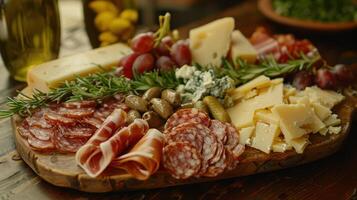 A Rustic Wooden Board Filled With Salami, Cheese, Grapes, Olives, and Pickles photo