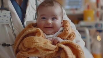 Smiling Baby Wrapped in Blanket Being Held by Doctor in Hospital photo