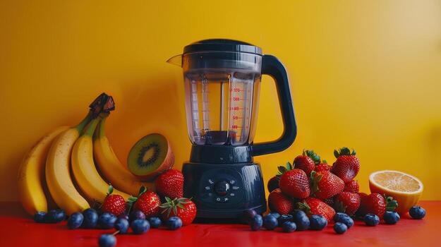 Black Blender With Fresh Fruit on a Red Countertop photo