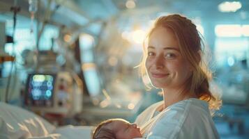 Smiling Mother Holding Newborn Baby in Hospital Room photo