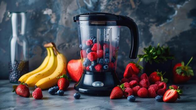 Black Blender Filled With Raspberries and Blueberries on a Grey Countertop photo