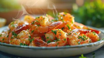 Steaming Plate of Cooked Shrimp With Parsley Garnish photo