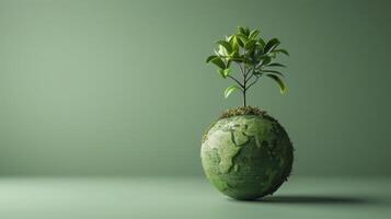 A Single Green Sapling Growing on a Moss-Covered Globe Against a Green Background photo
