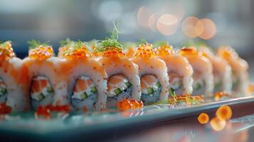 Close-Up of Fresh Salmon Sushi Rolls With Orange Tobiko and Dill Garnish photo