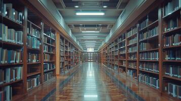 Empty Library Hallway With Wooden Bookshelves and Bright Lights photo