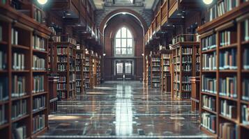 A Long, Empty Library Corridor Filled With Bookshelves photo