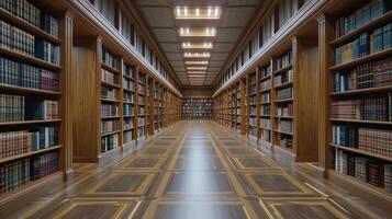 Long, Wooden Bookcases Line a Hallway in a Historic Library photo
