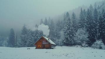 A Cozy Cabin in a Snowy Forest on a Foggy Winter Day photo