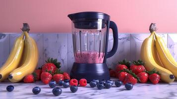 A Blue Blender Filled With Pink Smoothie Surrounded by Bananas, Strawberries, and Blueberries photo