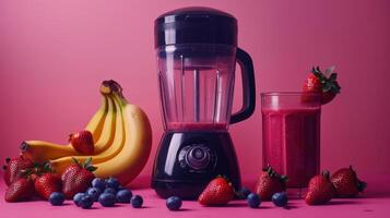 Black Blender With Fresh Fruit and Smoothie on Pink Background photo