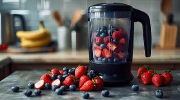 Kitchen Countertop Blender Filled With Strawberries and Blueberries photo