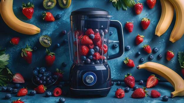 Blue Blender Filled With Strawberries and Blueberries on Blue Background photo
