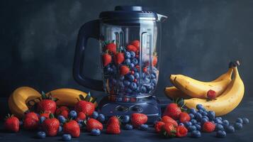 Blueberries, Strawberries, and Bananas Ready for a Smoothie in a Blender photo