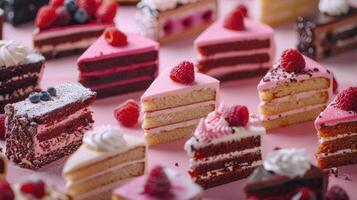 Assorted Cakes With Raspberries and Blueberries on a Pink Surface photo