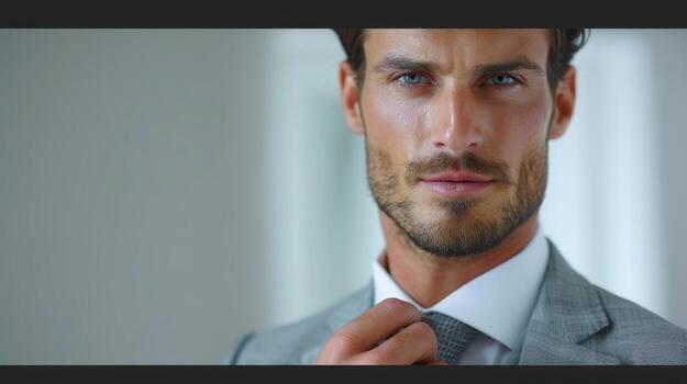 Man Adjusting His Tie While Wearing a Grey Suit photo