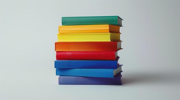 apilar de vistoso libros en contra un blanco antecedentes foto
