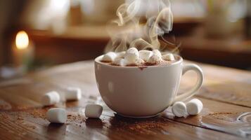 Steaming Cup of Hot Chocolate With Marshmallows on a Wooden Table photo