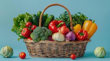 Fresh Produce in a Wicker Basket Against a Blue Background photo