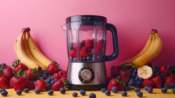 A Blender Filled With Strawberries and Blueberries Ready for a Smoothie on a Pink Background photo