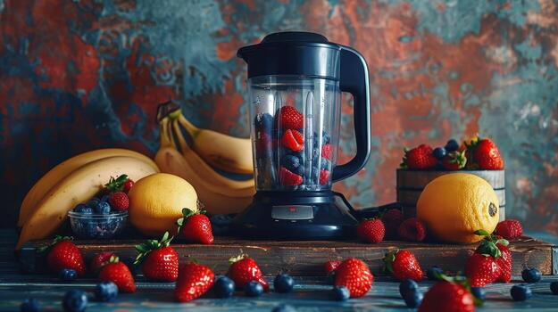 Blender Filled With Strawberries, Blueberries, and Bananas on a Wooden Surface photo