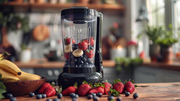 Black Blender With Strawberries, Bananas, and Blueberries Ready for Blending in a Kitchen photo