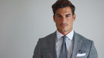 Portrait of a Man Wearing a Grey Suit and White Shirt With a Grey Tie photo