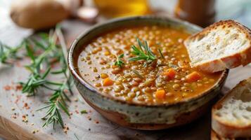 Lentil Soup With Bread Croutons and Rosemary Garnish on a Wooden Cutting Board photo