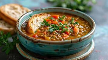 Close-Up of Lentil Soup With Croutons and Parsley photo