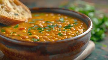 Close Up Of Lentil Soup With Fresh Parsley In A Brown Bowl And Crusty Bread photo