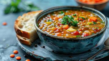 Bowl of Lentil Soup With Vegetables and Bread on a Plate photo