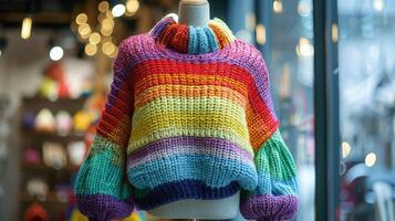 Colorful Striped Knit Sweater Displayed in a Store Window photo