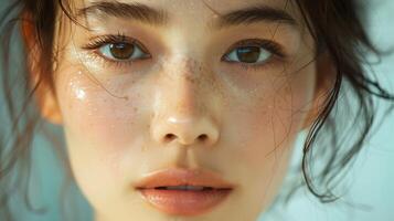 Close Up Portrait Of A Young Woman With Wet Hair And Freckles photo