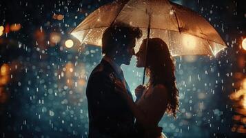 Romantic Couple Under Umbrella During Night Rain photo