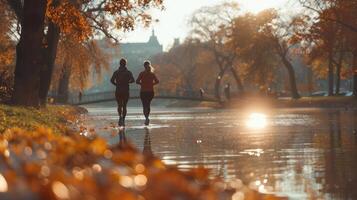 Couple Jogging Along Riverbank in Autumn Park at Sunset photo