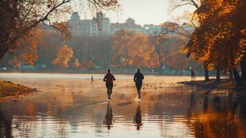 Two Runners Jogging Along Autumnal Lake in City Park photo