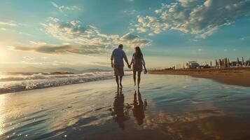 Couple Walking Hand-in-Hand on Sandy Beach at Sunset photo