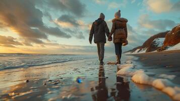 Couple Walking Along Sandy Beach at Sunset in Winter photo