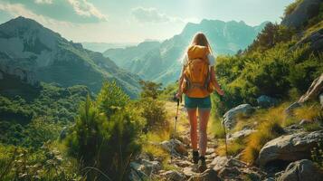 Woman Hiking Through Mountains With Backpack and Hiking Poles photo