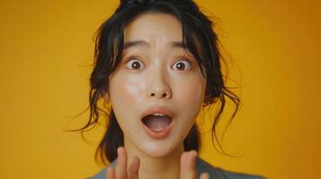 Woman With Surprised Expression Posing Against Yellow Background photo