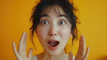 A Woman With Dark Hair Reacts With Surprise Against a Yellow Background photo