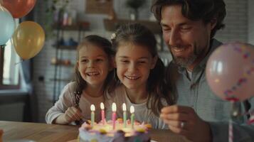 Happy Birthday Celebration With Father And Two Daughters photo