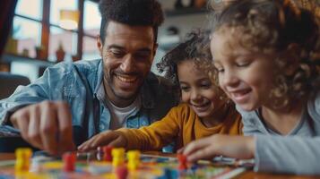 Happy Family Playing Board Game Together At Home photo